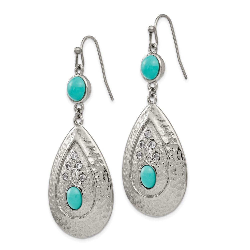 Stainless Steel Polished Hammered Imitation Turquoise CZ Dangle Earrings