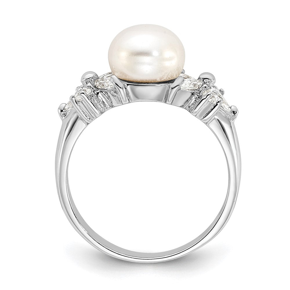 Sterling Silver Rhodium-plated White FW Cultured Pearl and CZ Ring