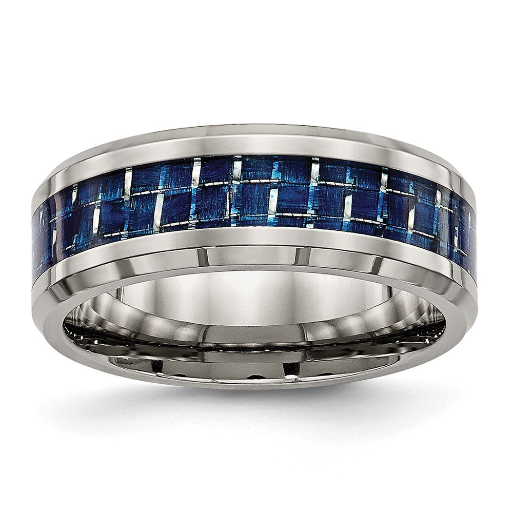 Titanium Polished w/Blue Carbon Fiber Inlay 8mm Beveled Edge Band Size - 8