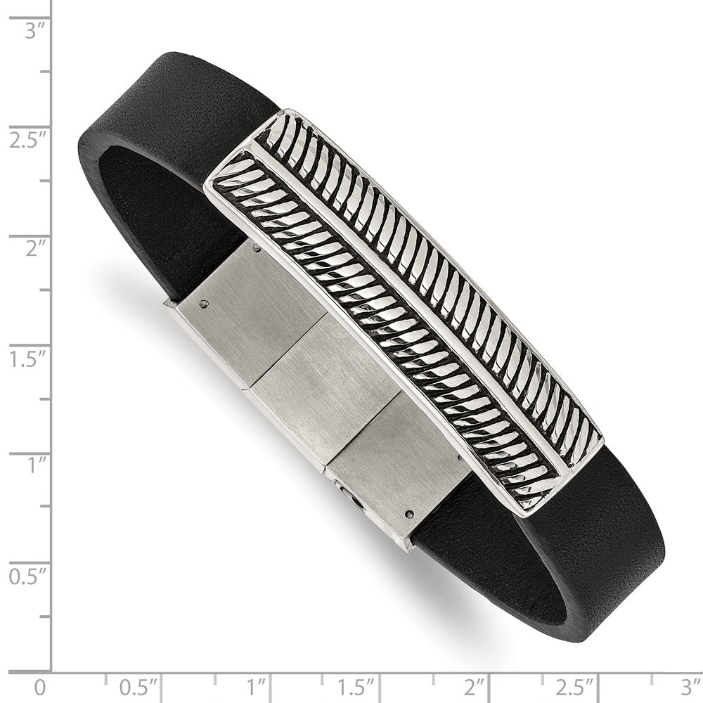 Stainless Steel Antiqued and Polished Black Leather w/.5in ext 8in Bracelet 8 inches