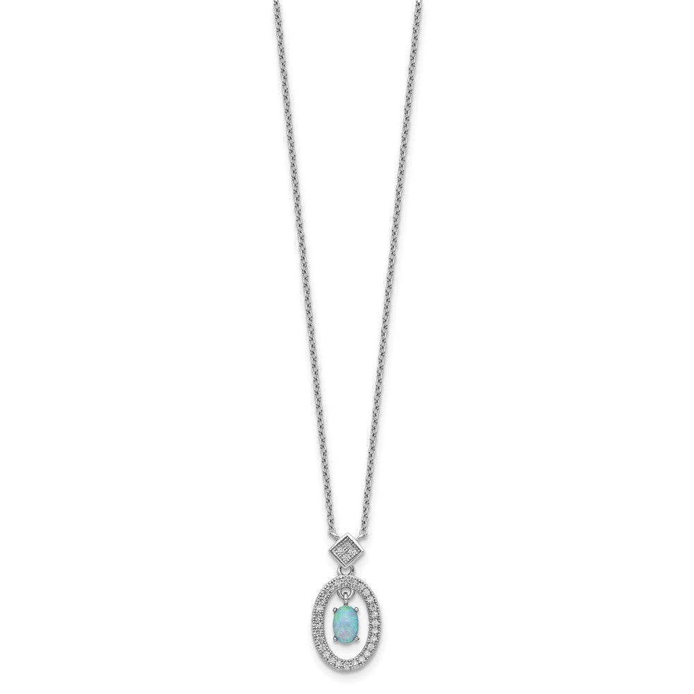 Sterling Silver Rhodium-plated Clear CZ Oval with Lab Created Opal Oval Dangle 16 inch Necklace with 2 inch extension 16 Inches