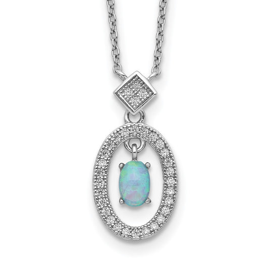 Sterling Silver Rhodium-plated Clear CZ Oval with Lab Created Opal Oval Dangle 16 inch Necklace with 2 inch extension 16 Inches