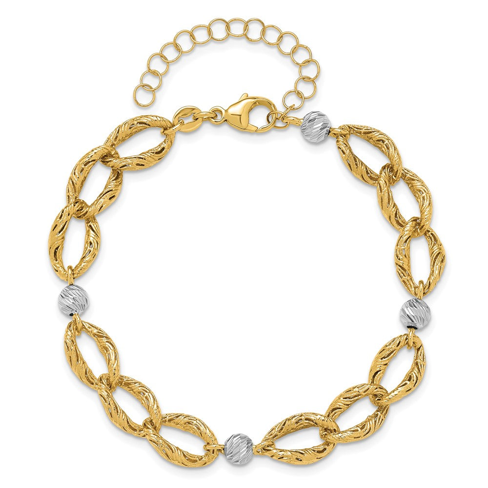 14K Two-tone Polished/Textured/Dia-cut w/2in ext. Bracelet 9  inches