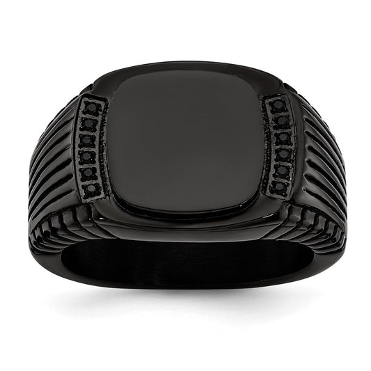 Stainless Steel Polished Black IP-plated with Black CZ Signet Ring Size - 10