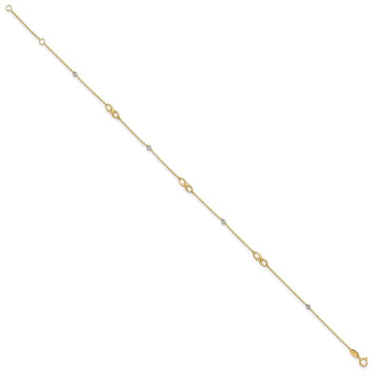 10K Two-Tone Diamond-cut Beads and Infinity 10in Plus 1in ext. Anklet
