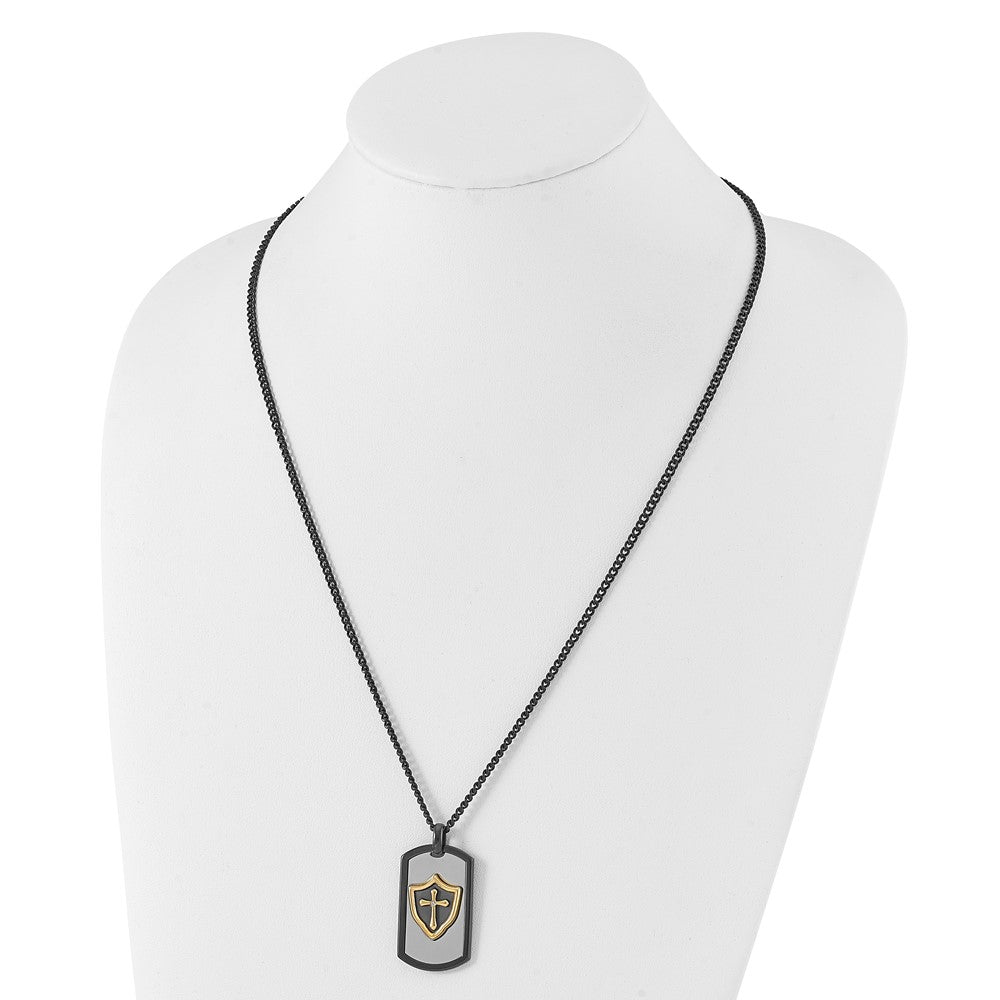 Stainless Steel Polished Black Yellow IP CZ HERO Dog Tag 24in Necklace