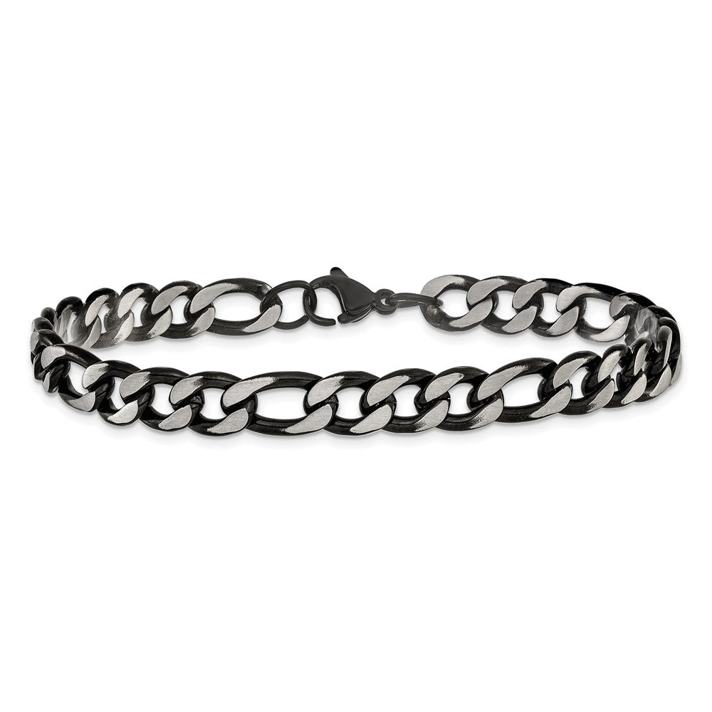 Chisel Stainless Steel Brushed and Polished Black IP-plated 7.5mm 9 inch Figaro Chain Bracelet 9 inches
