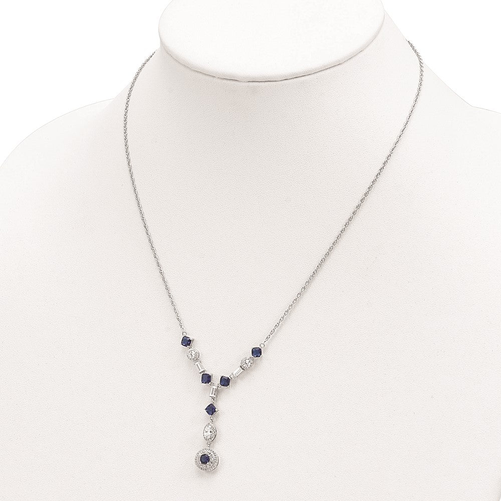 Cheryl M Sterling Silver Rhodium-plated Cushion-cut/Brilliant-cut Blue Glass and Brilliant-cut/Baguette-cut White CZ Fancy Dangle Y-Drop 18 Inch Necklace 18 Inches