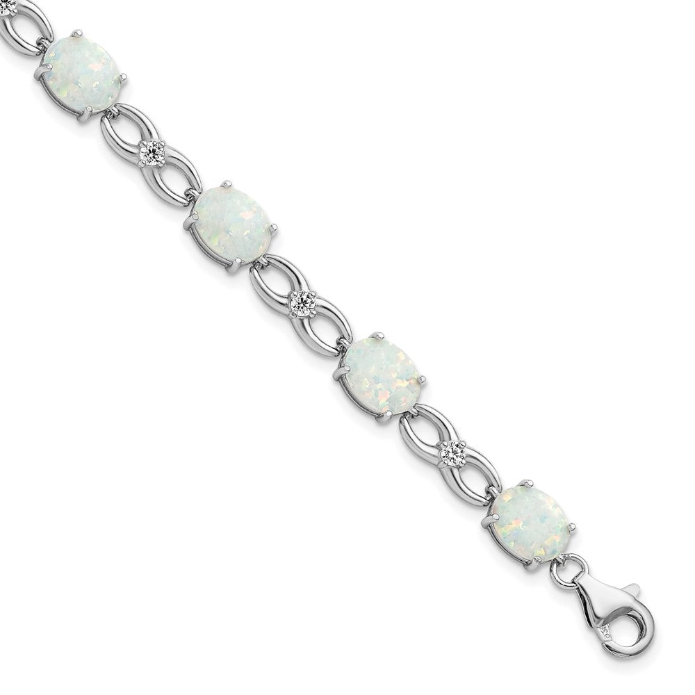 Sterling Silver Rhodium-plated Polished White Created Opal & CZ Bracelet 7.25 inches