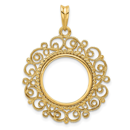 Wideband Distinguished Coin Jewelry 14k Polished and Textured Victorian 16.0mm Prong Coin Bezel Pendant