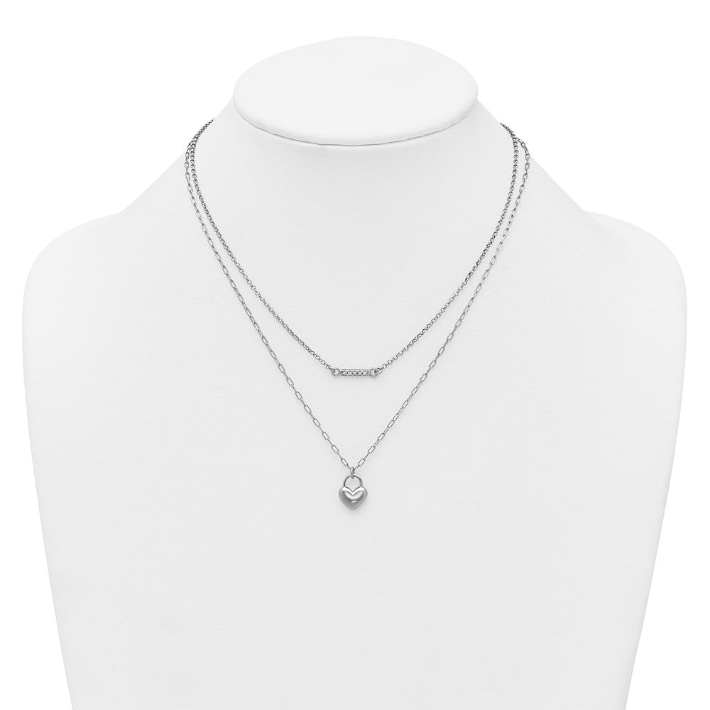 Sterling Silver Rhodium-plated CZ Puffed Heart 16 inch with 2 inch extender 2-strand Necklace 16 Inches