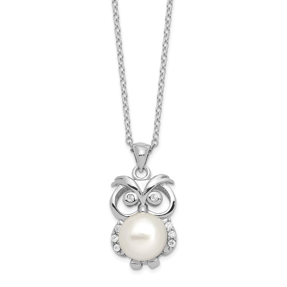 Sterling Silver Rhodium-plated 8-9mm White Button Freshwater Cultured Pearl and CZ Owl 17 inch Necklace 17 Inches