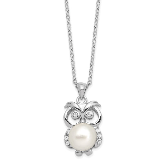 Sterling Silver Rhodium-plated 8-9mm White Button Freshwater Cultured Pearl and CZ Owl 17 inch Necklace 17 Inches