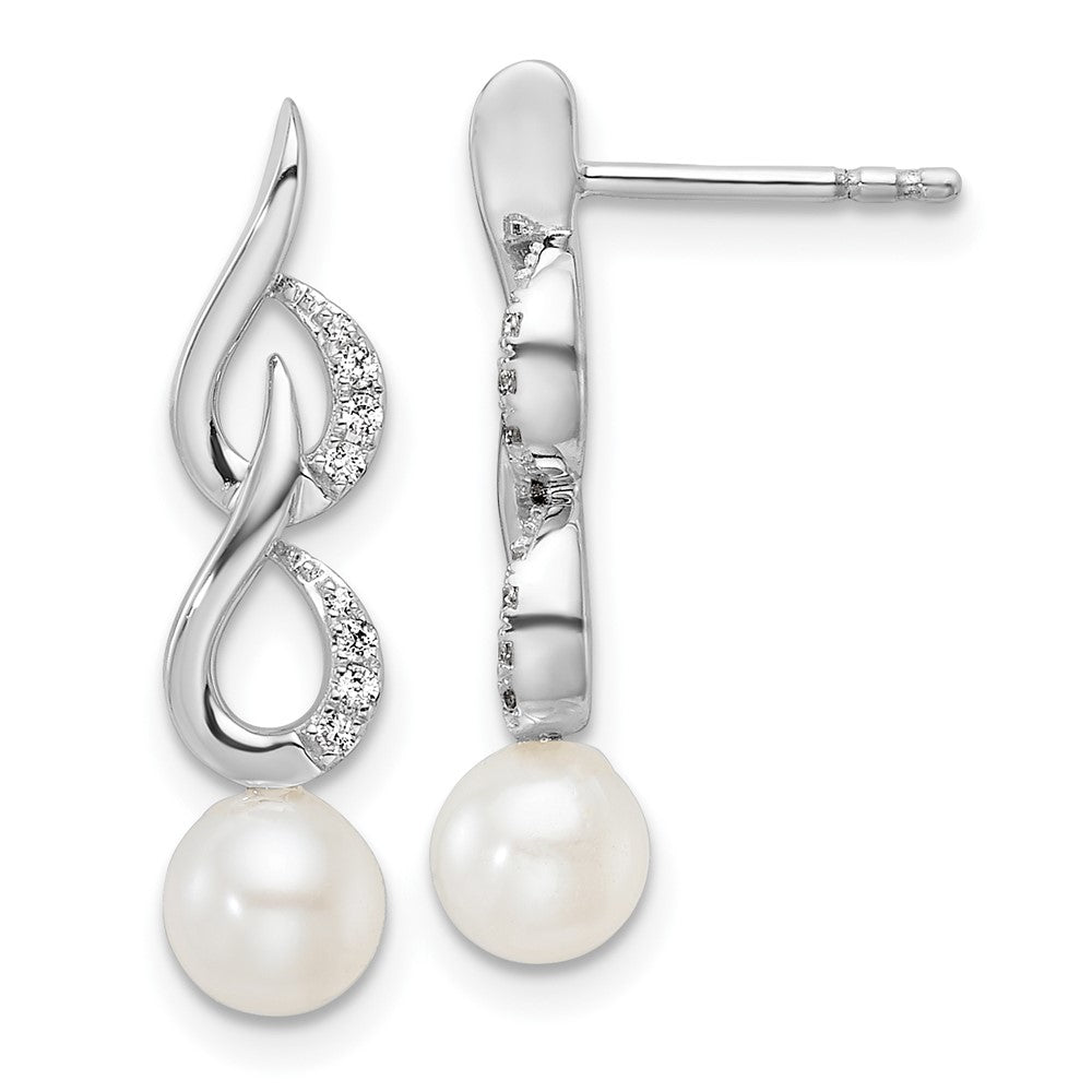 14K White Gold Polished Diamond & Pearl Drop Post Earrings