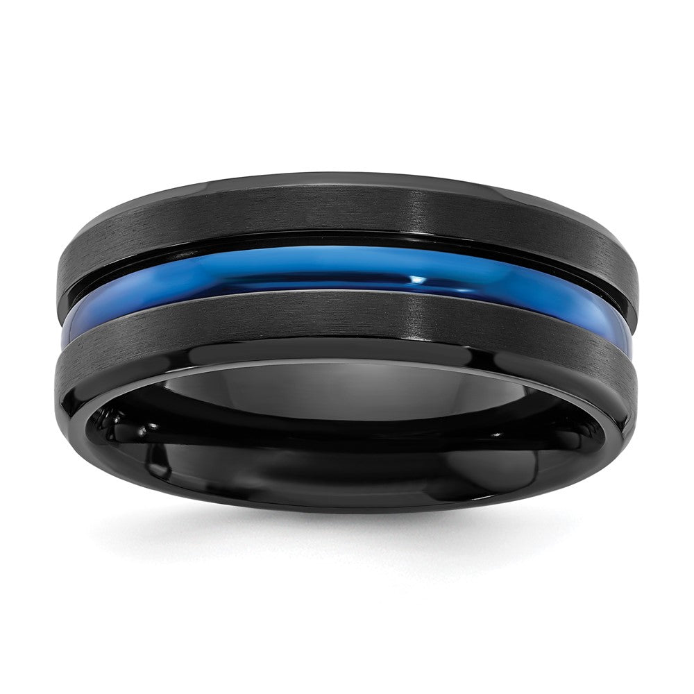 Black Titanium Brushed w/Polished Blue IP-plated Center 8mm Band Size - 11.5