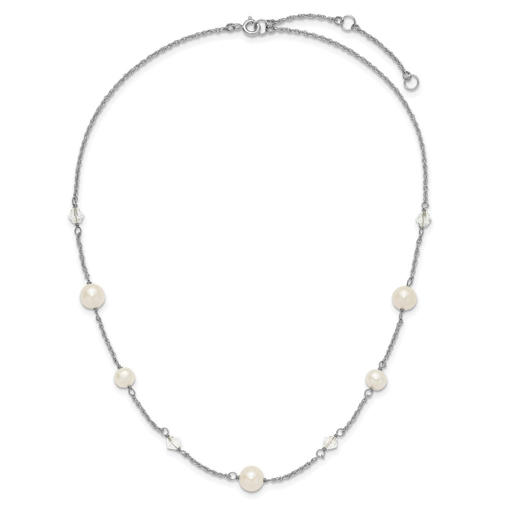 Sterling Silver Rhodium-plated 6-10mm White Near-Round Freshwater Cultured Pearl and Glass 5-Station 17.5 inch with 2.5 inch Extension Necklace 17.5 Inches
