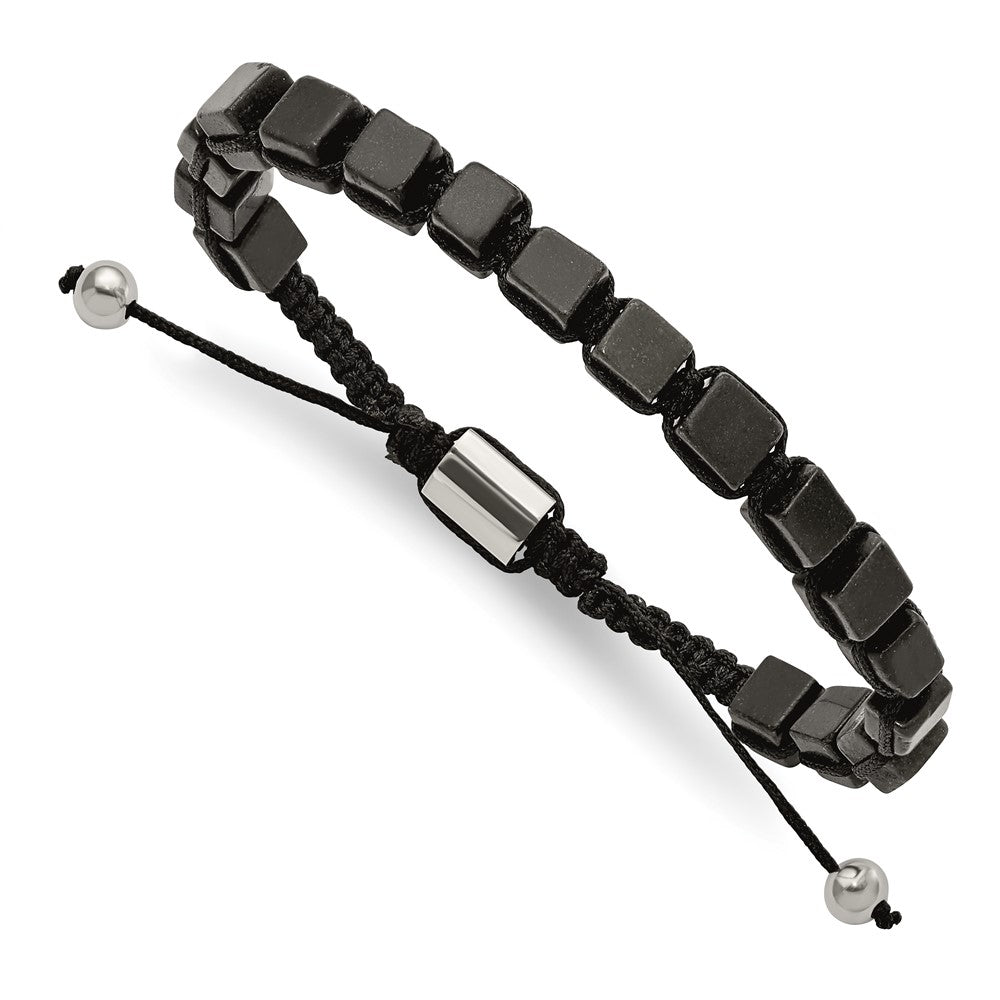 Stainless Steel Polished with Black Agate Macrame Adjustable Bracelet 9.5 inches