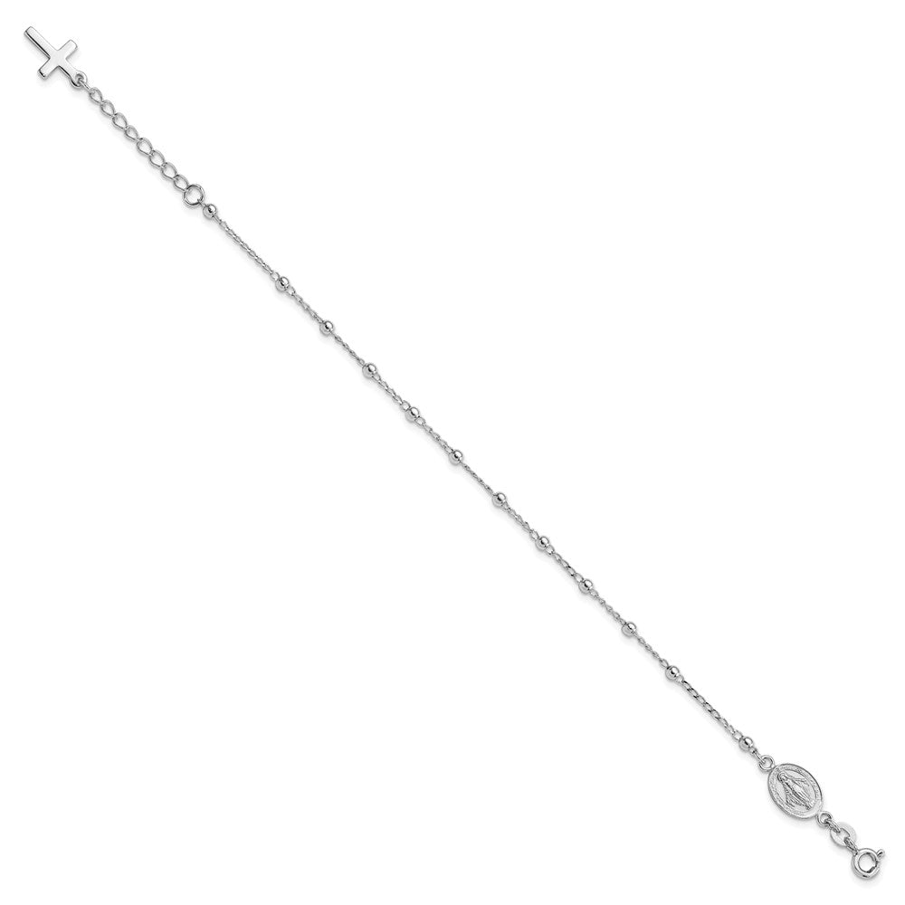 Sterling Silver Rhod-pltd Miraculous Medal/Cross w/1in ext. Bracelet 7 inches