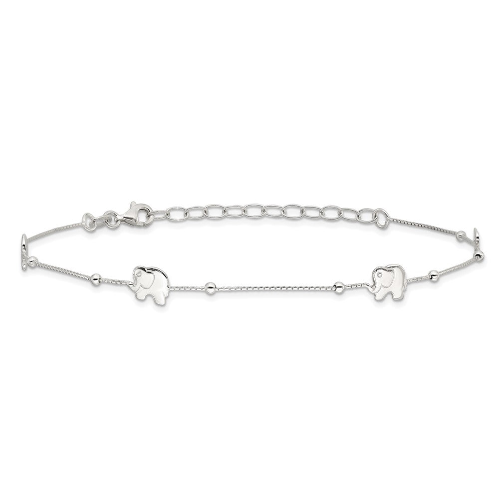 Sterling Silver Polished Elephant 9in Plus 2in Ext. Anklet 9 inches