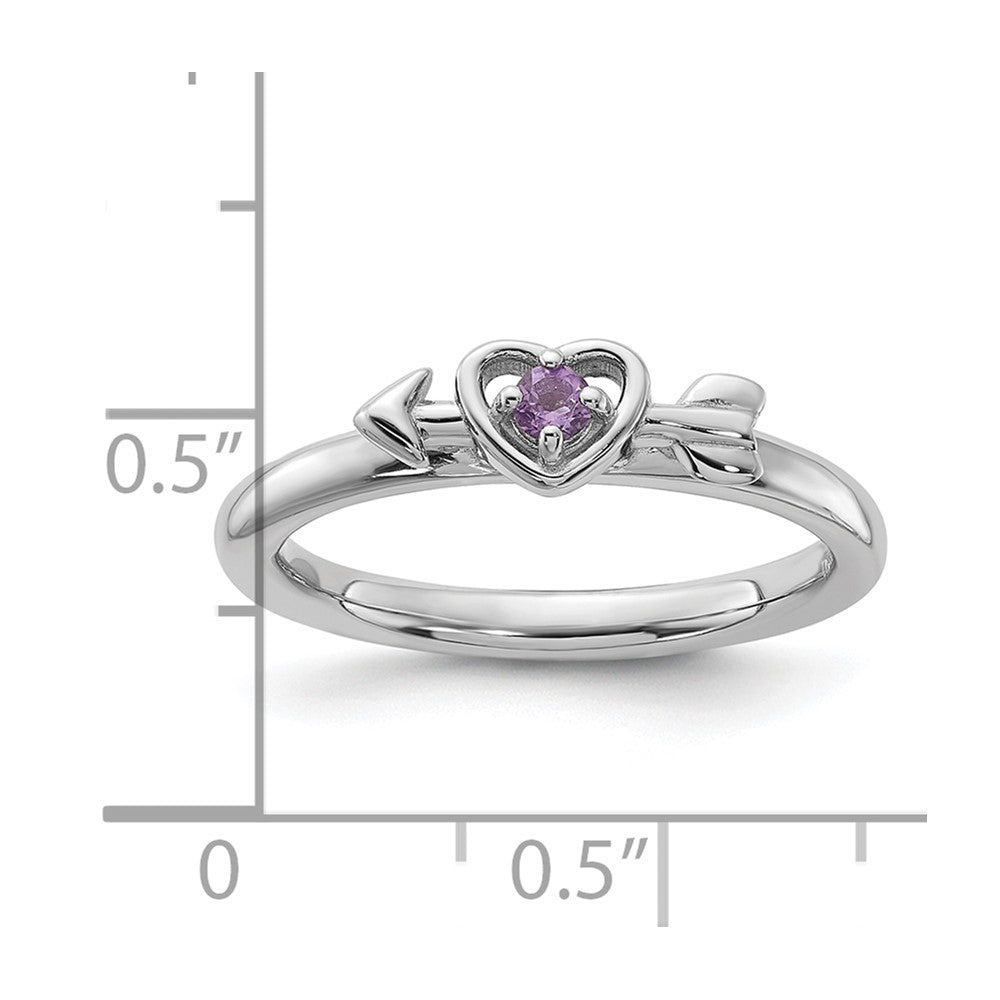 Sterling Silver Stackable Expressions Rhodium-plated Amethyst Heart with Arrow Ring Size -6