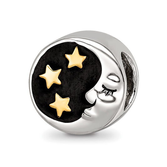 Sterling Silver Reflections Rhodium Gold-plated Enamel Moon/Stars Bead