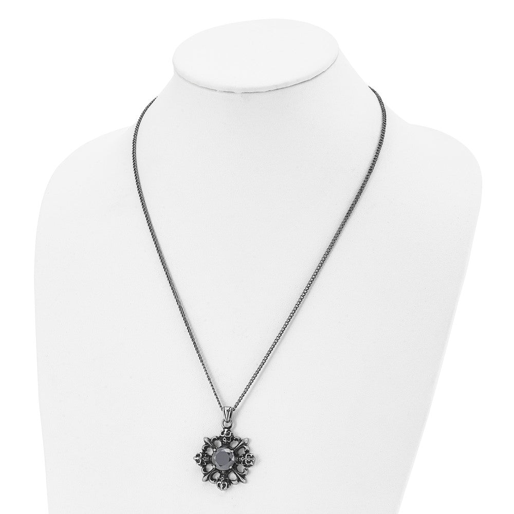 Stainless Steel Antiqued & Polished w/Black CZ Skulls & Fleur de lis Neckla