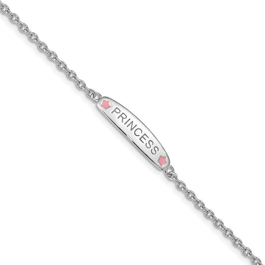 Sterling Silver Rhodium-plated Polished & Pink Enameled PRINCESS with 1 Inch Extension Children's Bracelet 7 inches