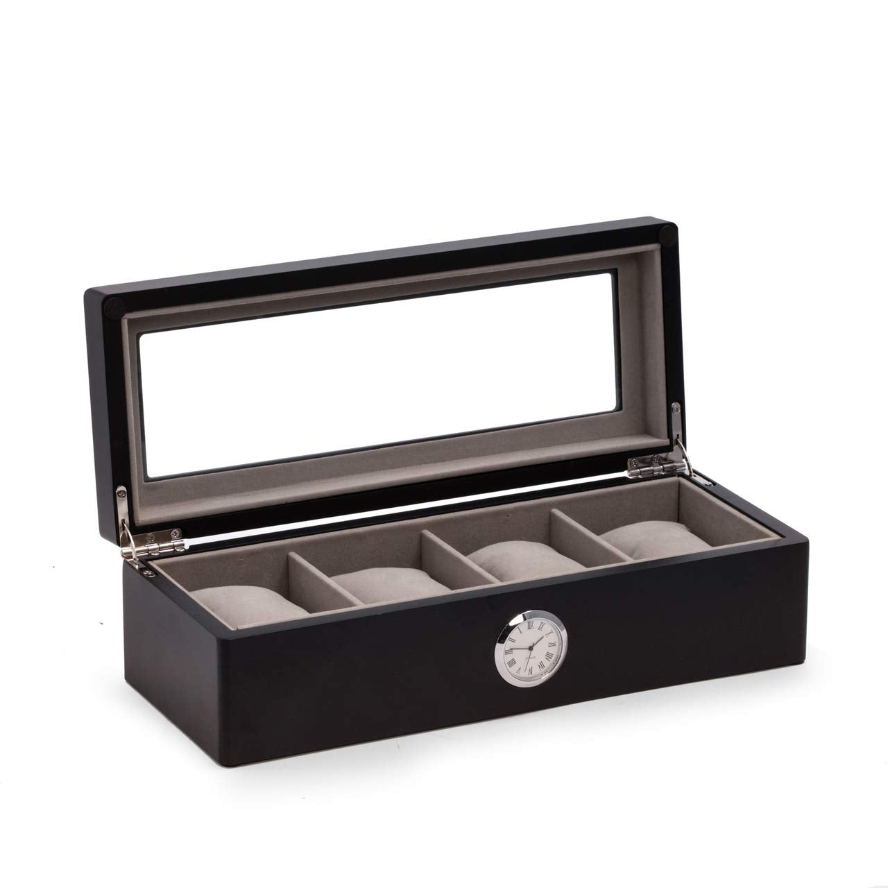 Bey Berk Black Wood Four Watch Box w/ Quartz Movement Clock