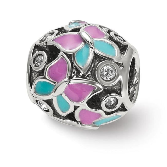 Sterling Silver Reflections Pink & Blue Enameled CZ Butterfly Bead