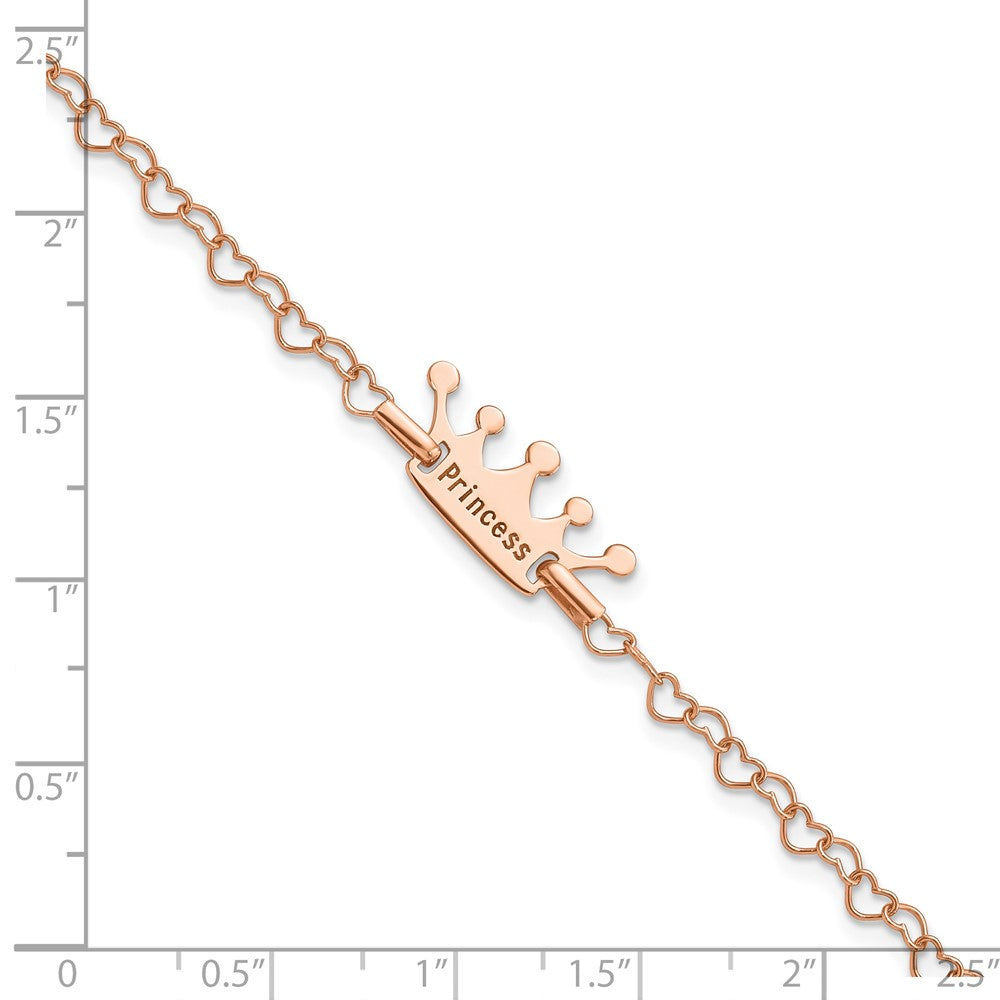 Sterling Silver Rose-tone Princess Crown Heart Link Children's Bracelet 6 inches
