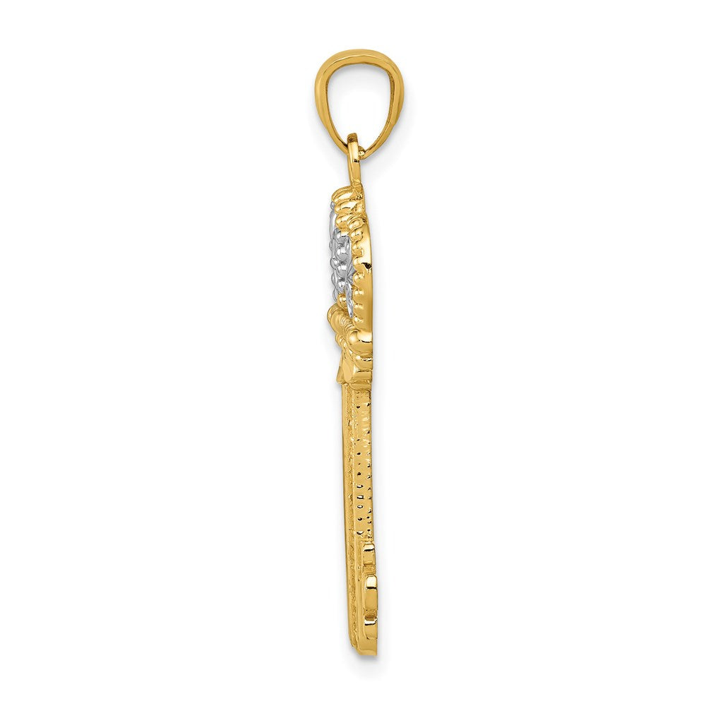 14K w/White Rhodium Polished Fleur De Lis Crown Key Charm
