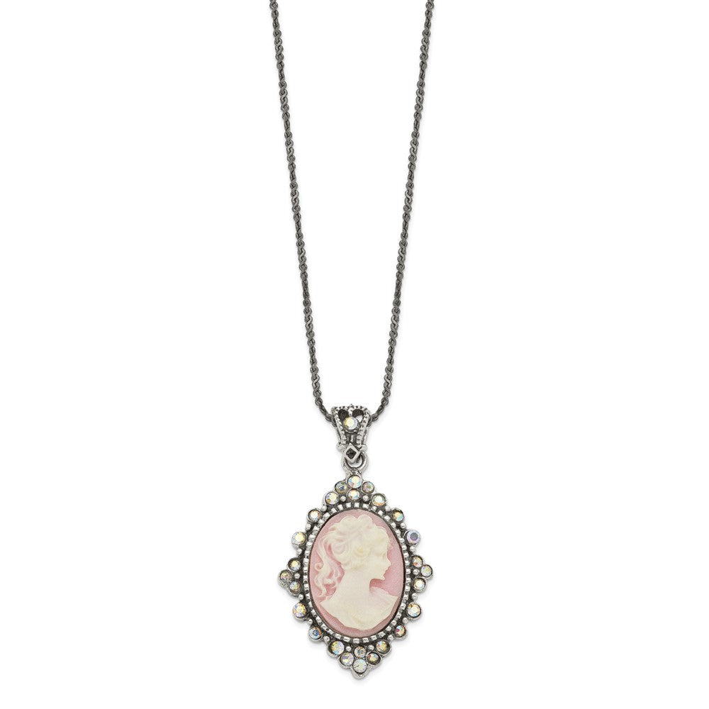 Sterling Silver Antiqued Pink Resin Cameo w/Crystal Necklace 16 Inches