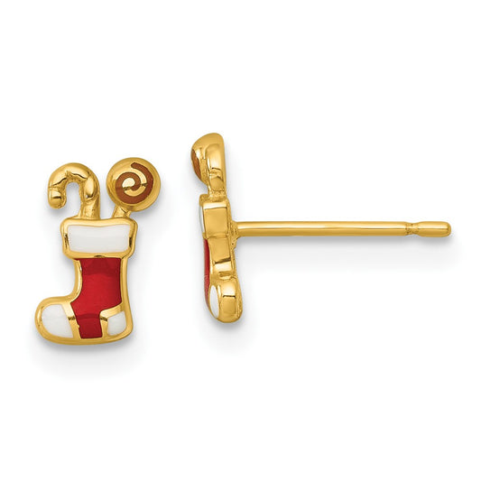 14K Madi K Polished Enameled Christmas Stocking with Candy Children's Post Earrings