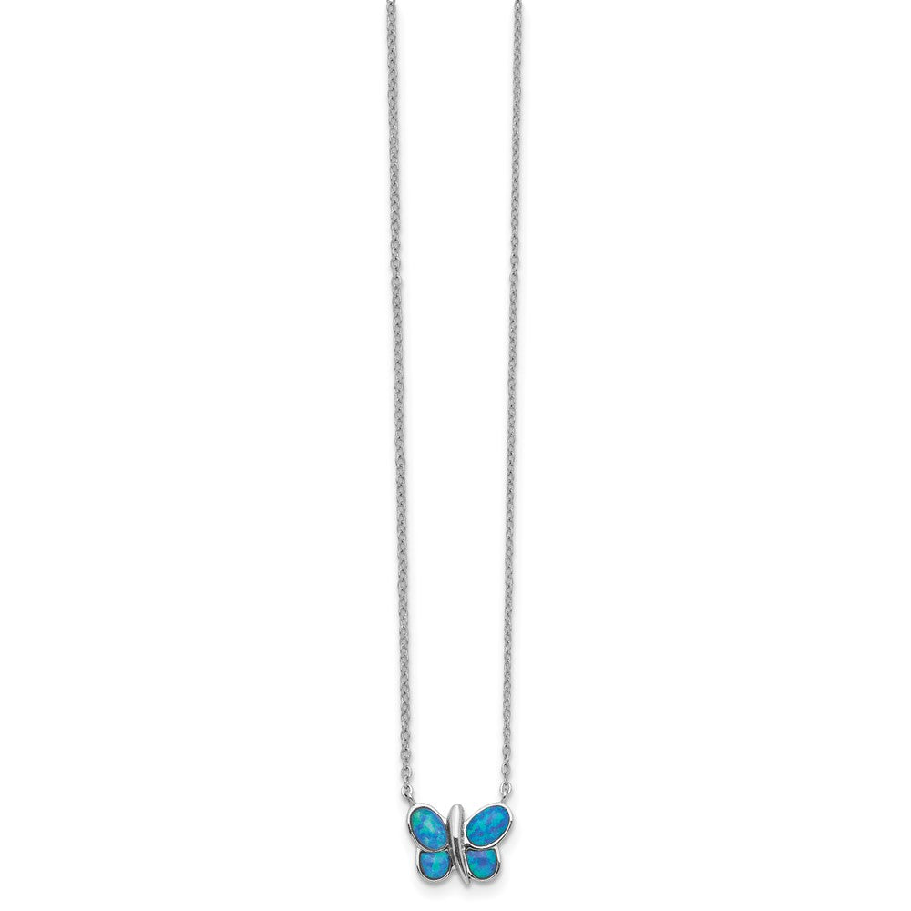 Sterling Silver Rhodium plated Created Opal Butterfly Inlay Necklace 18 Inches