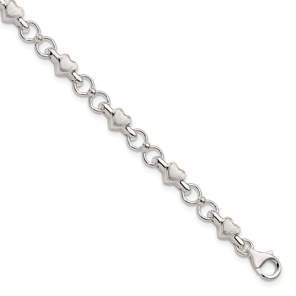 Sterling Silver Polished and Brushed Hearts and Circles Bracelet 7.5 inches