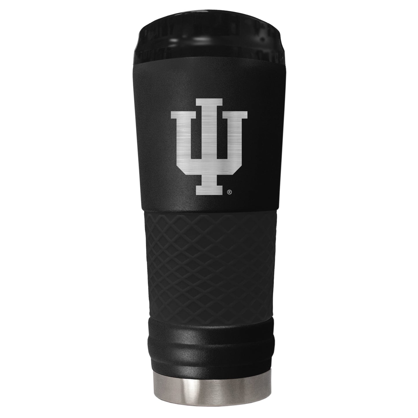 Indiana 24 ounce vacuum insulated stainless steel tumbler in black powder coat and laser etched team logo