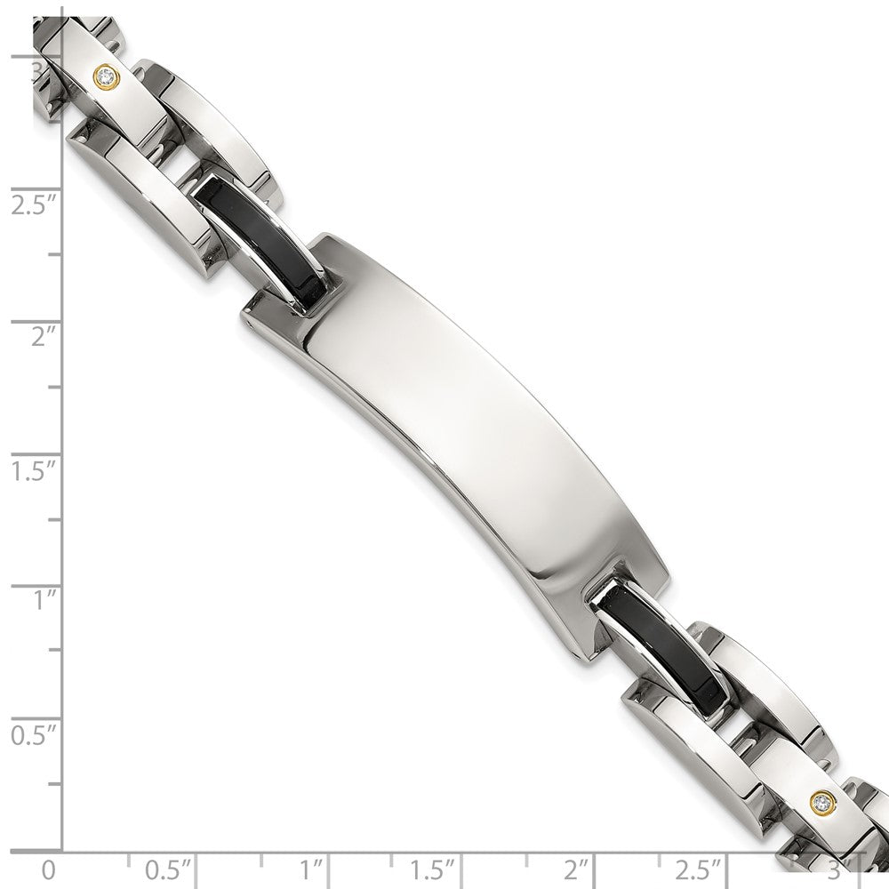Chisel Stainless Steel Polished with 14K Gold Accent and 1/15ct. Diamond and Onyx 8.75 inch ID Bracelet 8.75 inches