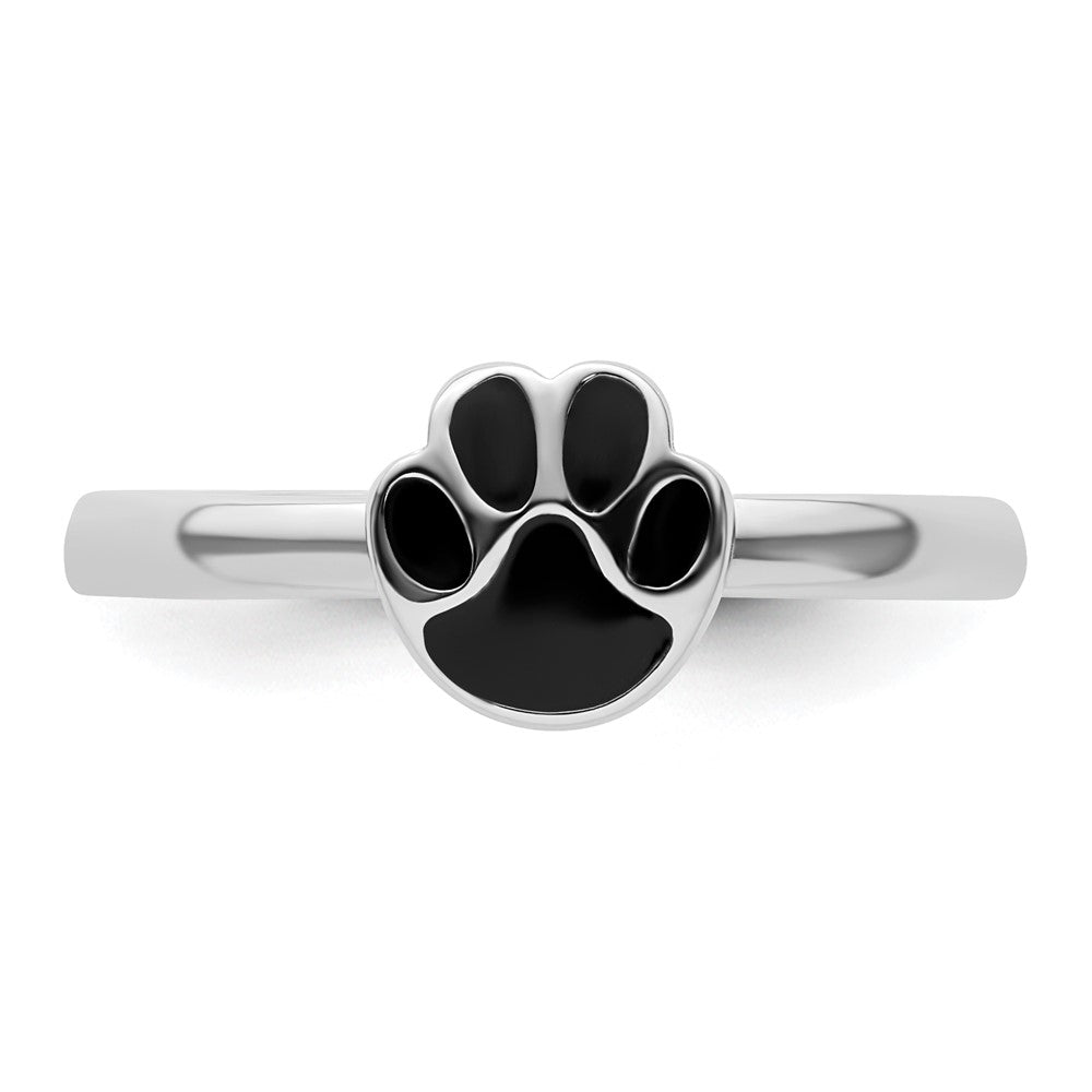 Sterling Silver Stackable Expressions Black Enamel Pawprint Ring Size -5