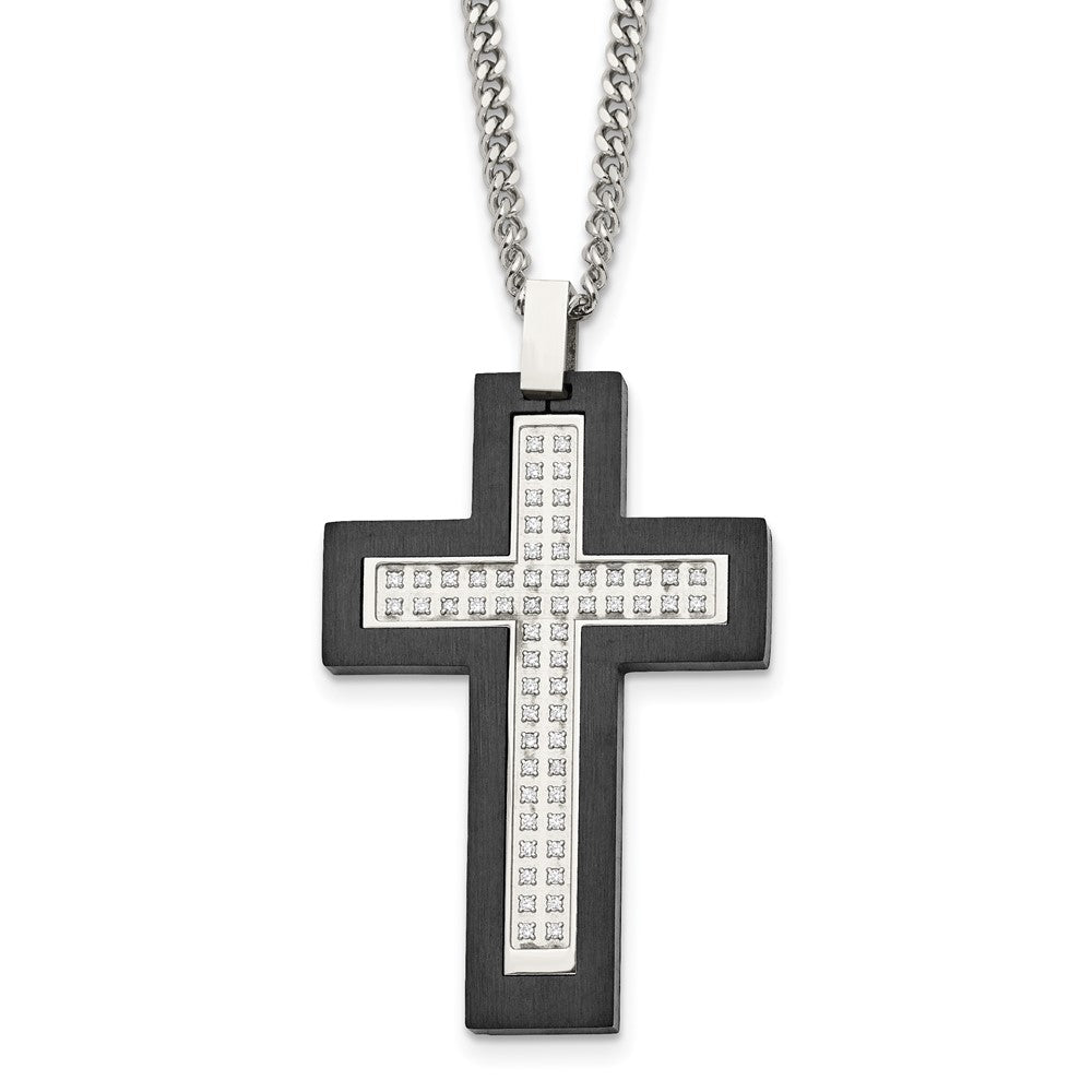 Stainless Steel Brushed and Polished Black IP CZ Cross Necklace