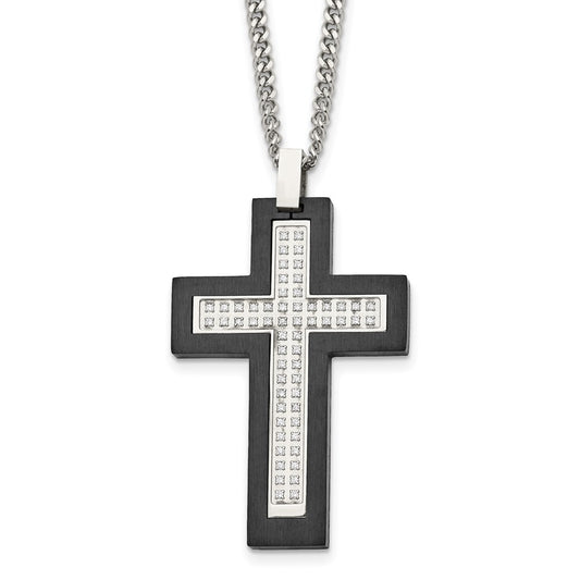 Stainless Steel Brushed and Polished Black IP CZ Cross Necklace