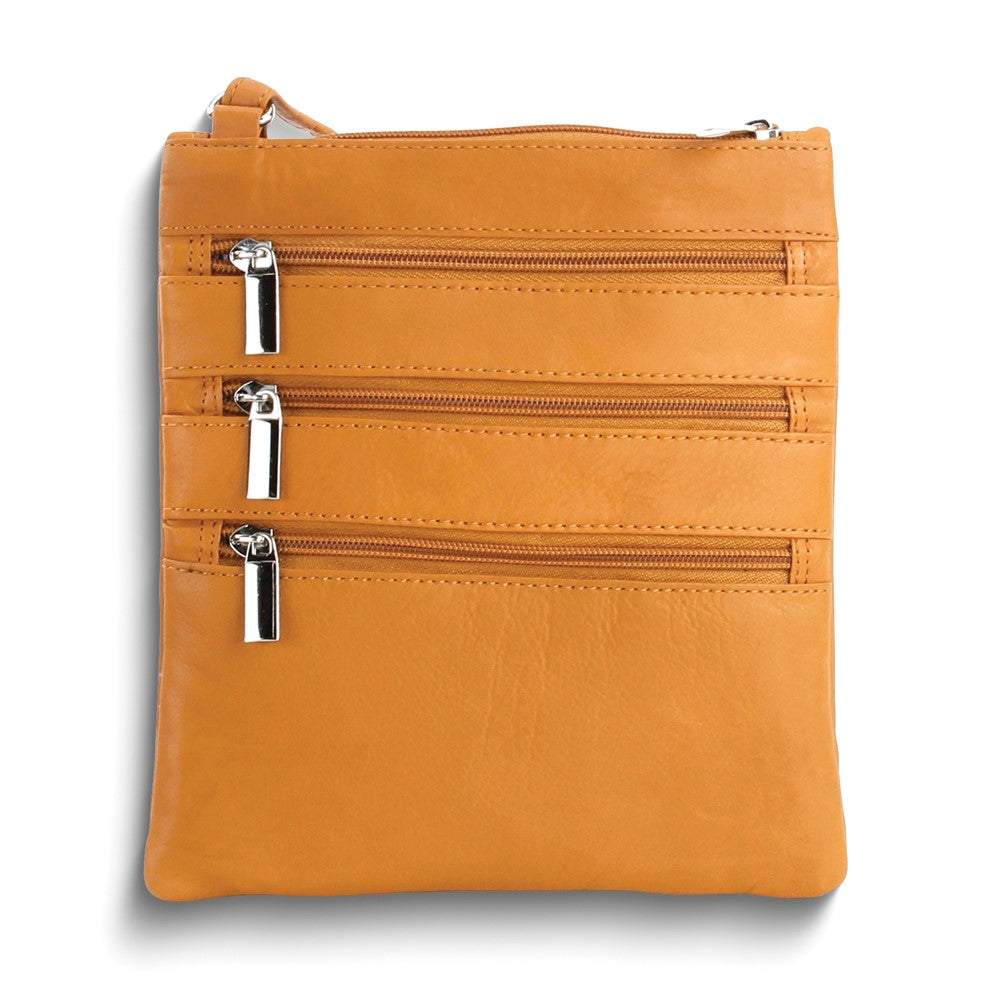 Tan Leather Triple-Zip Multi-Pocket Crossbody Bag with Adjustable Shoulder Strap