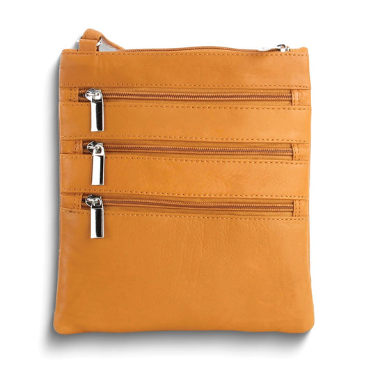 Tan Leather Triple-Zip Multi-Pocket Crossbody Bag with Adjustable Shoulder Strap