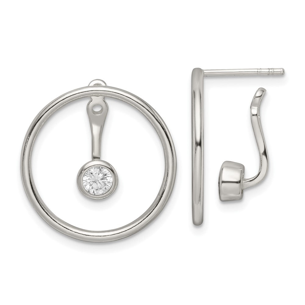 Sterling Silver Polished Slide On Dangle CZ Circle Earrings