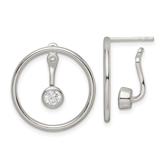 Sterling Silver Polished Slide On Dangle CZ Circle Earrings