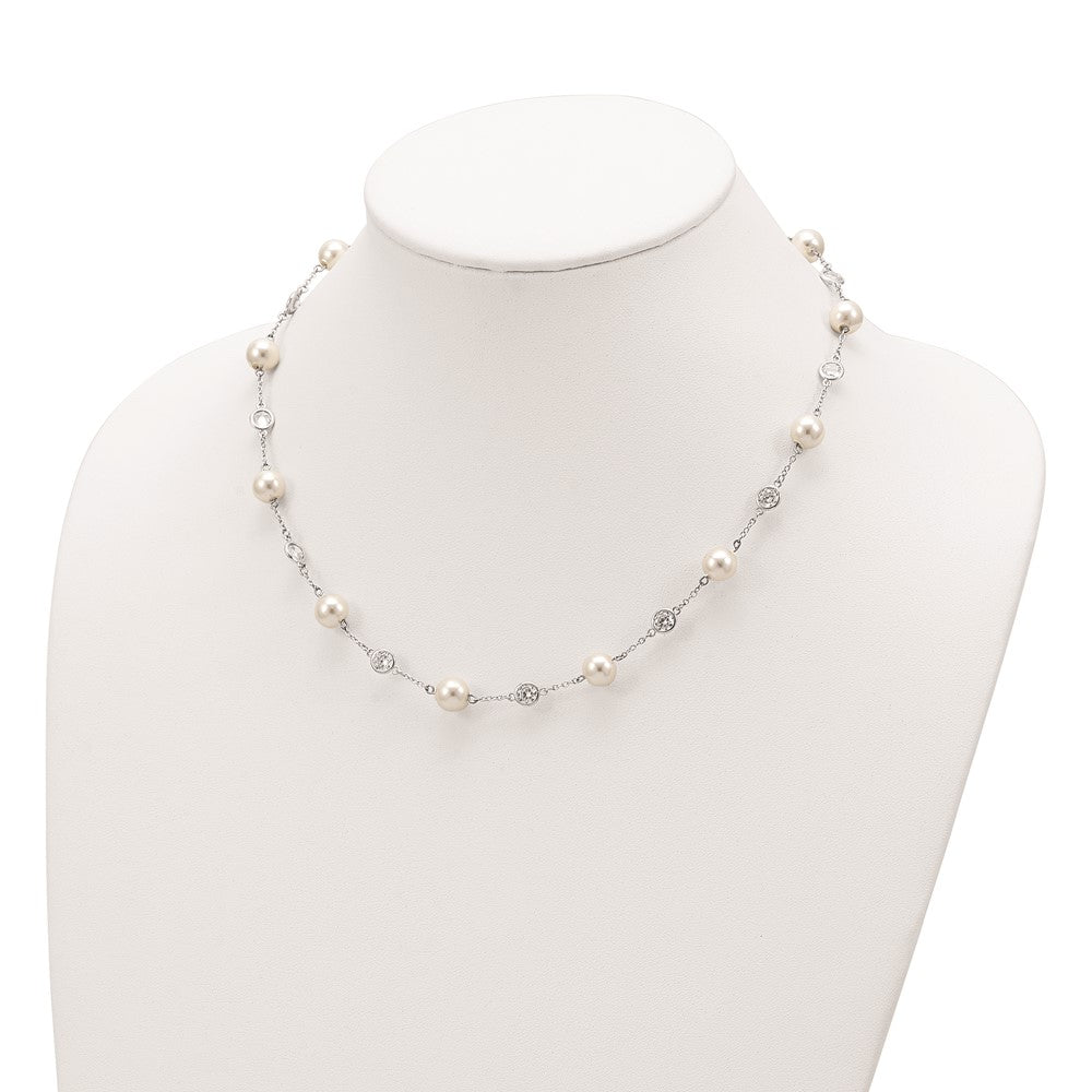 Cheryl M Sterling Silver Rhodium-plated Glass Pearl and Brilliant-cut CZ Bezel Station 18.25 Inch Necklace 18.25 Inches