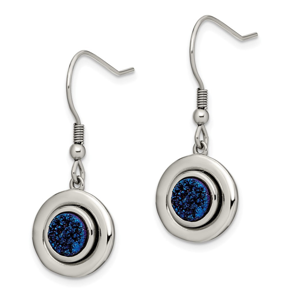 Stainless Steel Polished w/Blue Druzy Dangle Shepherd Hook Earrings