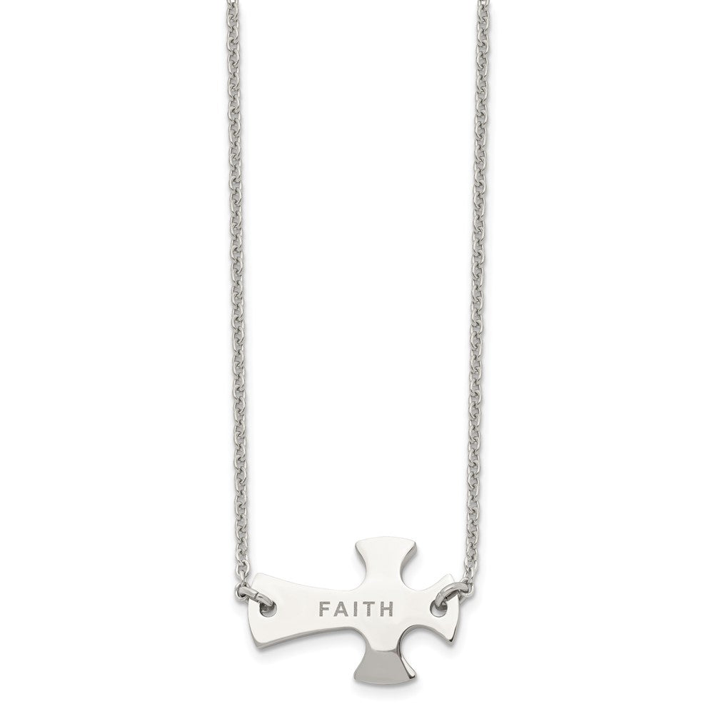 Stainless Steel Polished FAITH Sideways Cross 19in Necklace