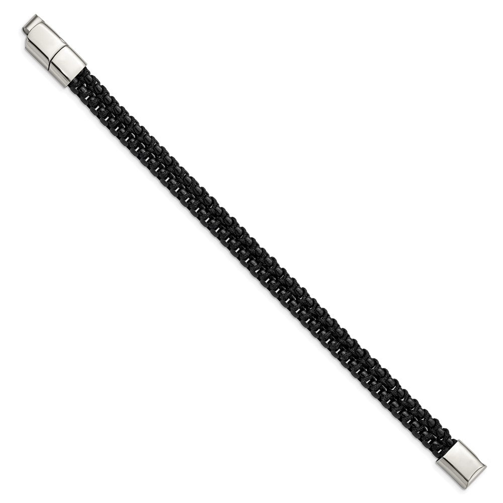 Stainless Steel Polished Black IP w/Black Cotton 8.5in w/.5in ext Bracelet 8.5 inches