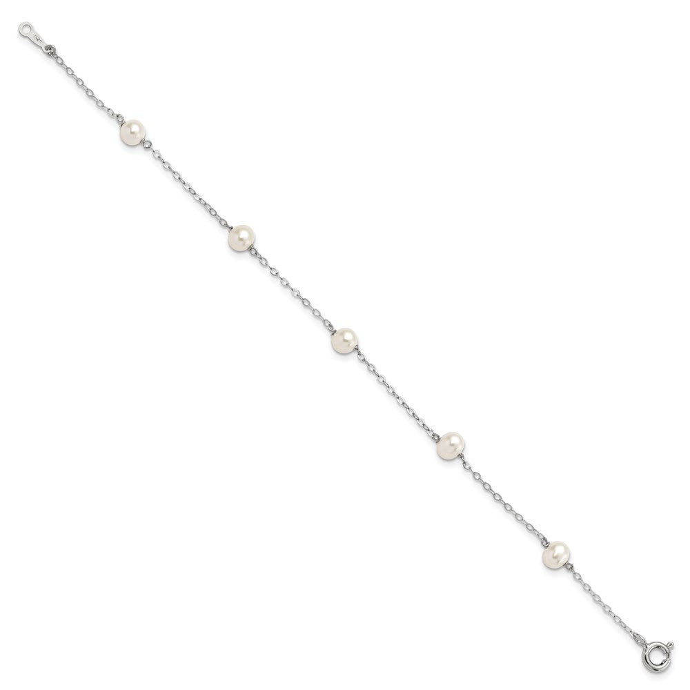 Sterling Silver Rhodium-plated 4-5mm White Semi-Round Freshwater Cultured Pearl 5-Station 7 inch Bracelet 7 inches