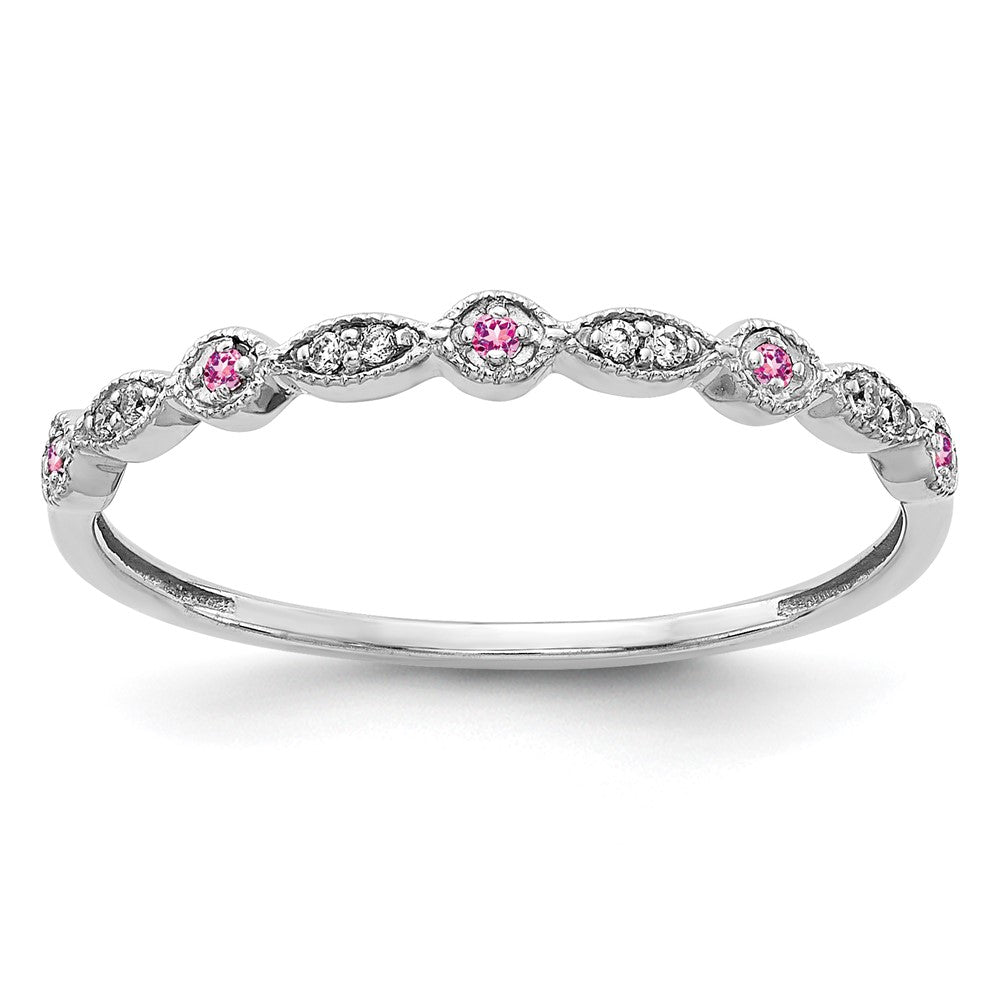 10K White Gold Diamond and Pink Sapphire Fancy Band Size 6.75